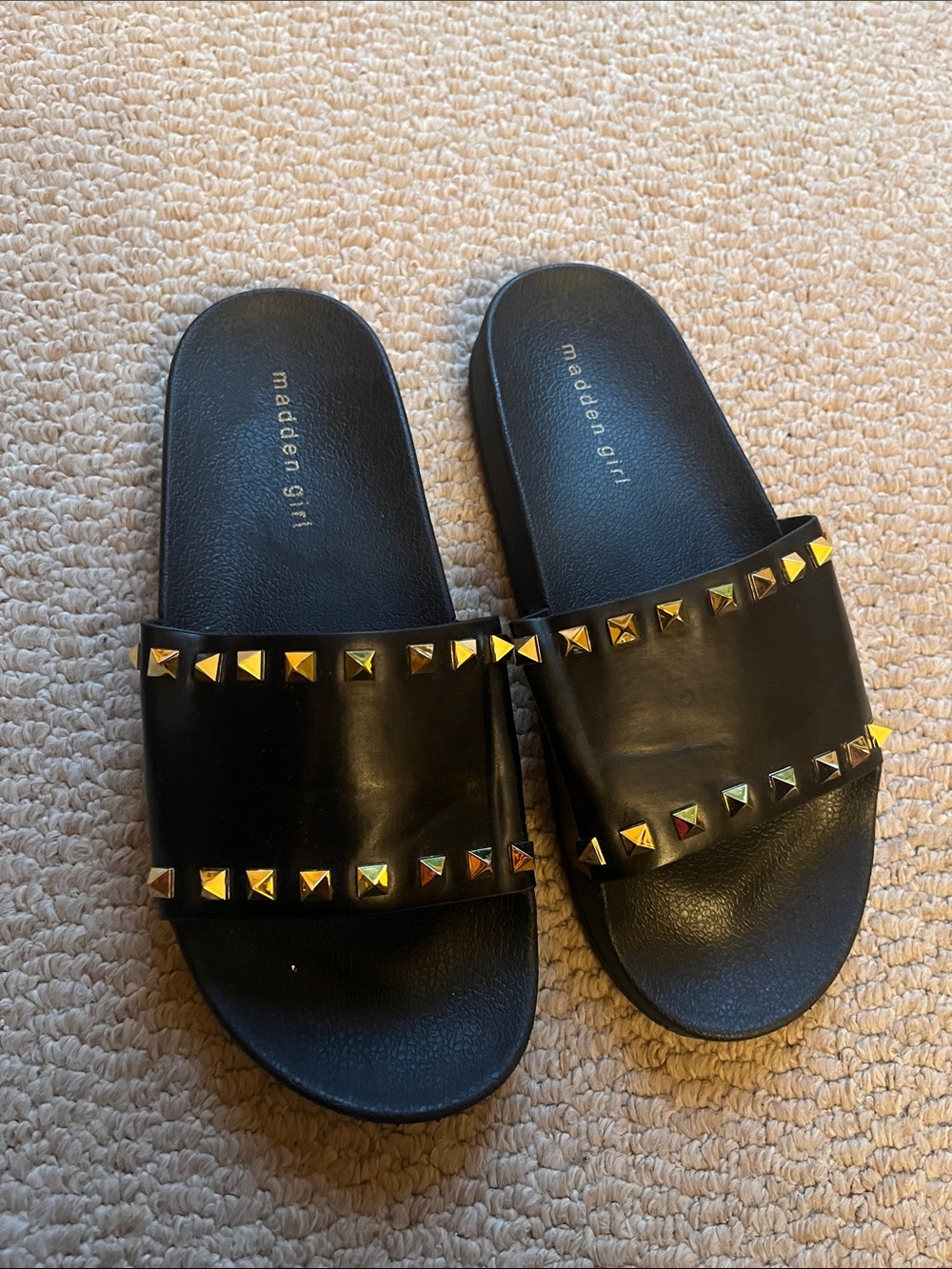 Madden Girl Black Slide Sandals with Gold Pyramid Studs